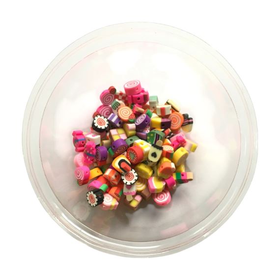 CUENTAS DE FIMO EN FORMA DE COMIDA X 100 UNIDADES