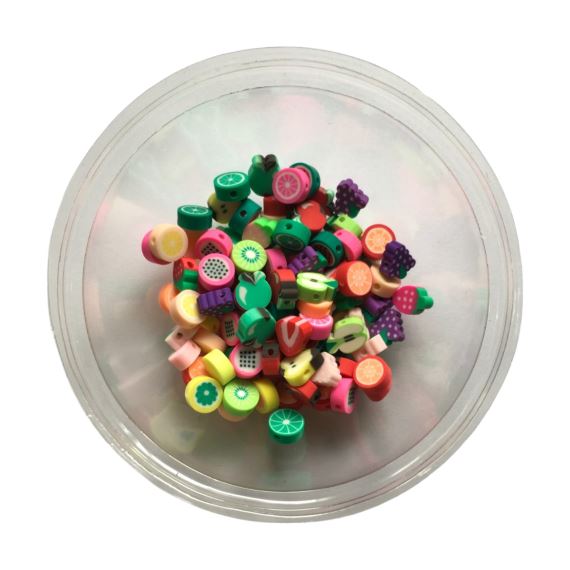CUENTAS DE FIMO EN FORMA DE FRUTAS X 100 UNIDADES