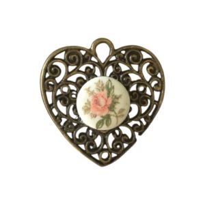 CORAZON BRONCE VIEJO APLIQUE FLORES LIMOGE PORCELANA X UNIDAD