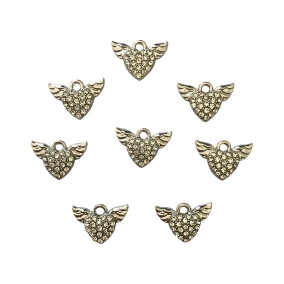 DIJE METALICO STRASS CORAZON CON ALAS X 8 UNI